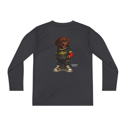 Kids Long Sleeve Tee — Brown Puppy Wearing 'Legacy' Hoodie Graphic