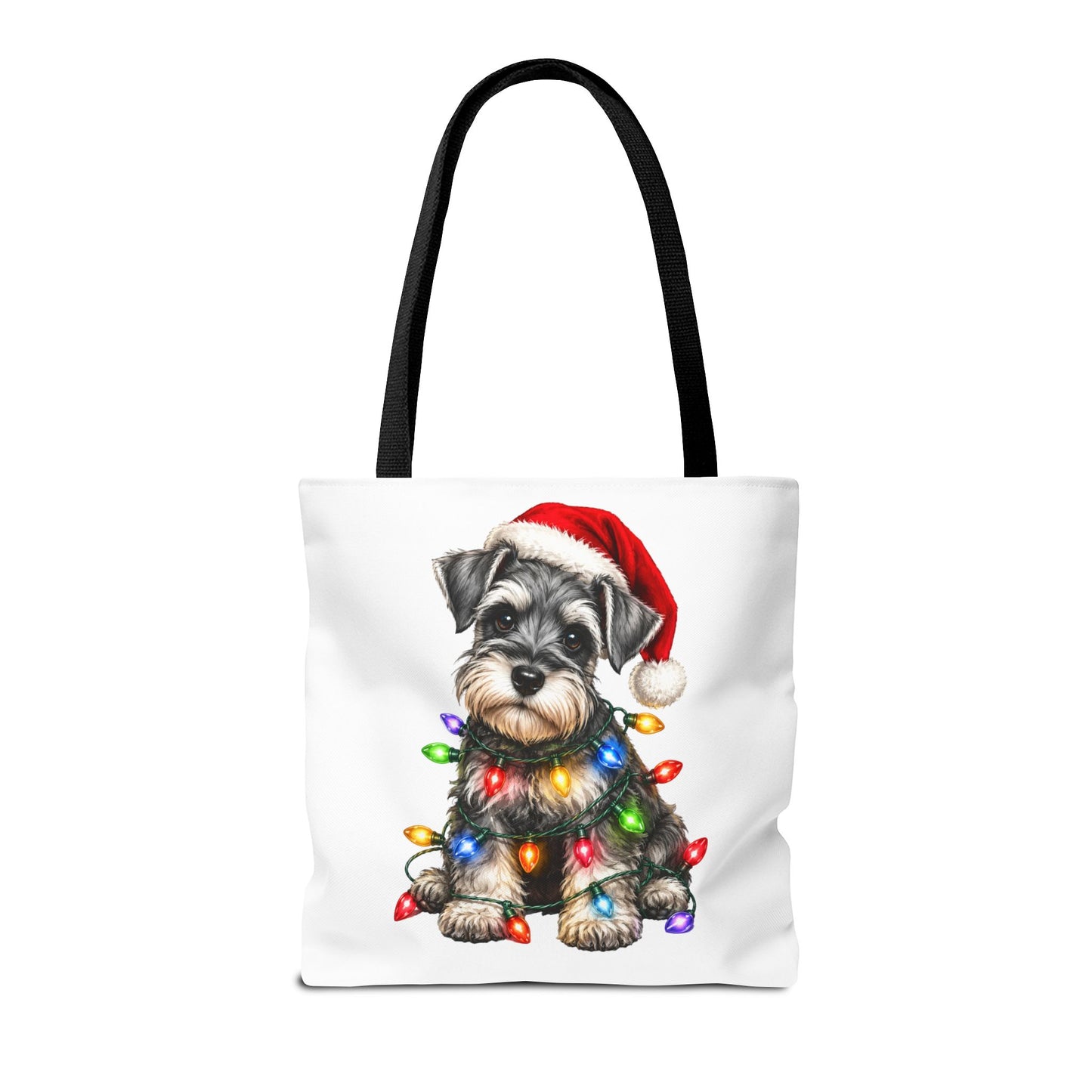 Christmas Schnauzer Tote Bag — Cute Puppy with Santa Hat & Holiday Lights