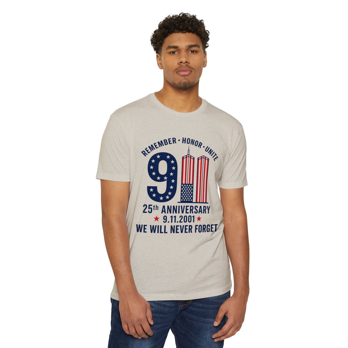 9/11 Memorial T-Shirt – "Remember Honor Unite" 25th Anniversary We Will Never Forget