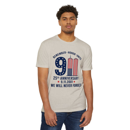 9/11 Memorial T-Shirt – "Remember Honor Unite" 25th Anniversary We Will Never Forget