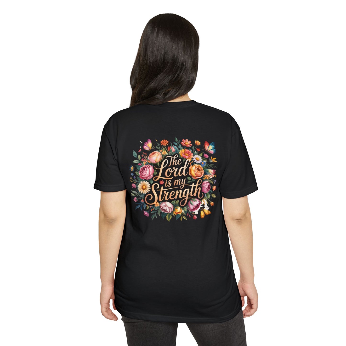 Christian T-Shirt — "The Lord Is My Strength" Floral Faith Tee