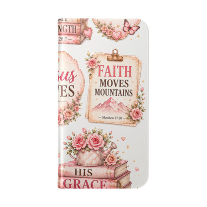 Christian Floral Phone Flip Case — "Jesus Saves" & Inspirational Scripture Wallet Cover