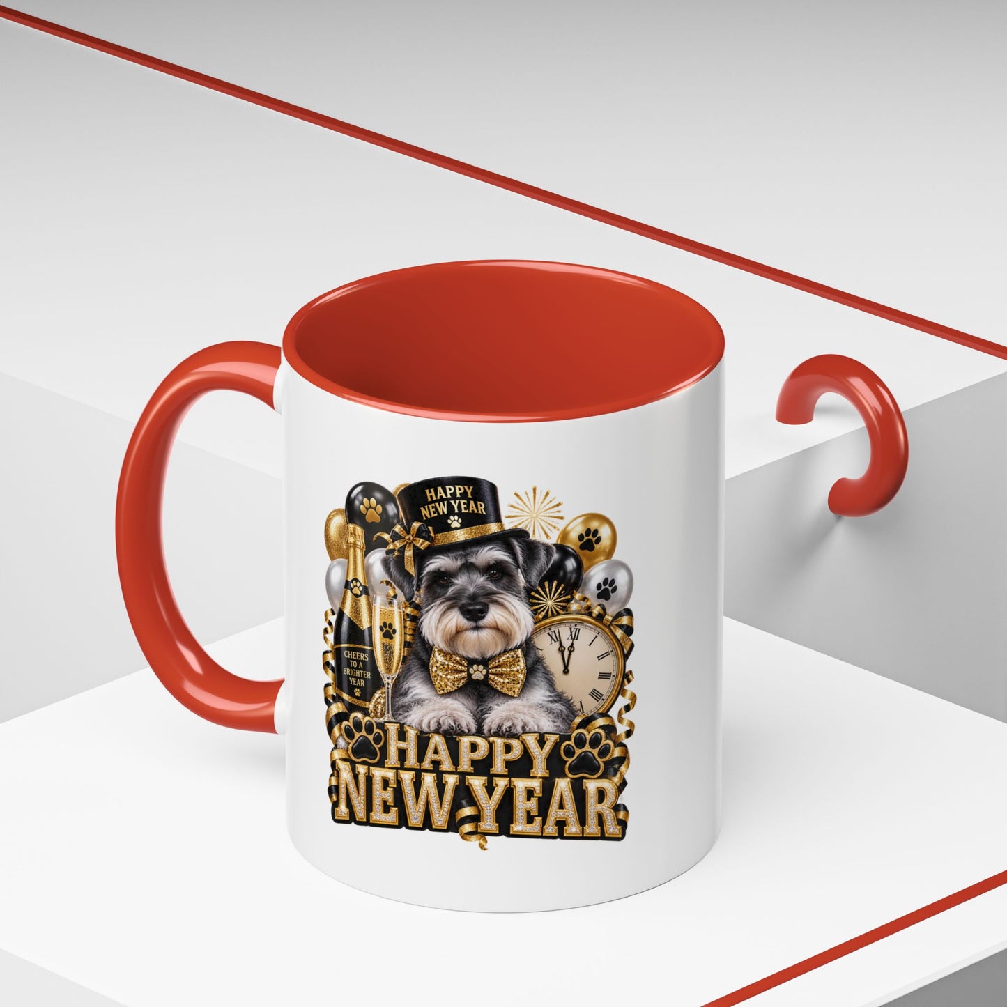 Happy New Year Dog Coffee Mug — Festive Black & Gold 11/15oz Accent Mug