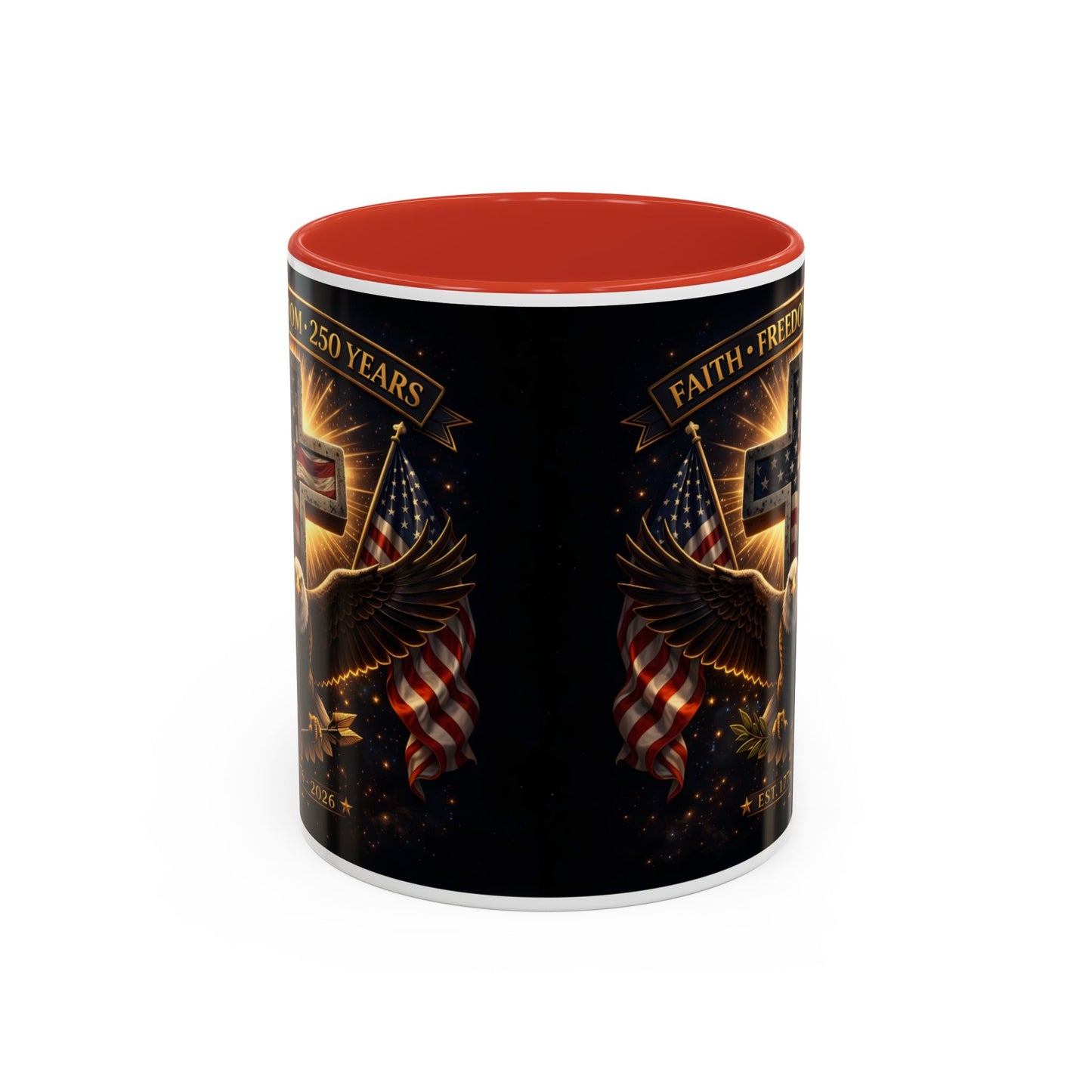 Patriotic Faith & Freedom Accent Coffee Mug — Eagle, Cross & American Flag (1776–2026)