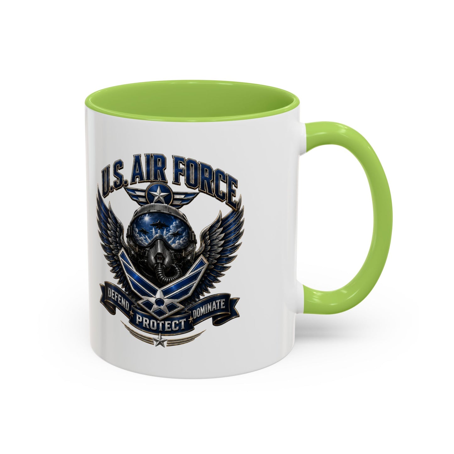 U.S. Air Force Emblem Accent Coffee Mug — Defend Protect Dominate (11/15oz)