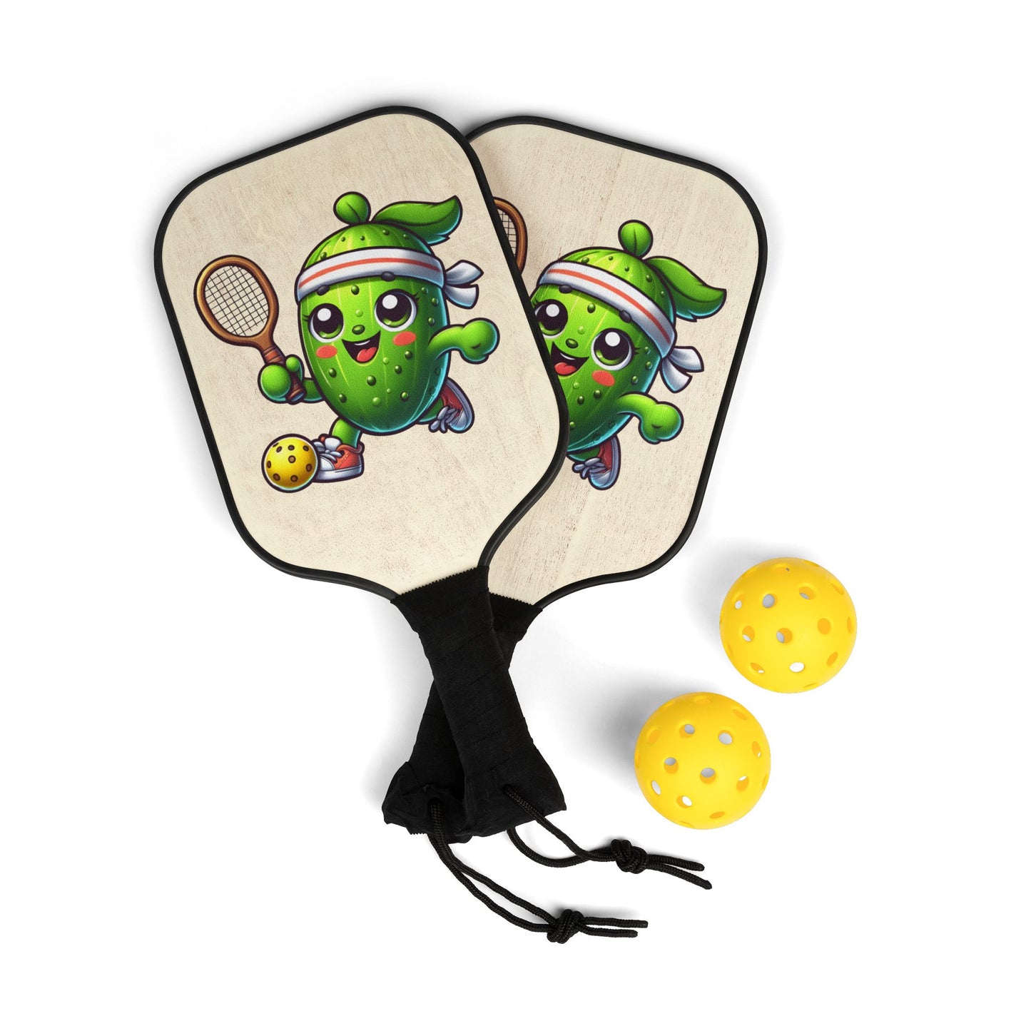 Pickleball Paddle Set — Cute Pickle Character Design with 2 Balls