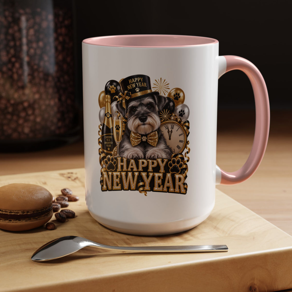 Happy New Year Dog Coffee Mug — Festive Black & Gold 11/15oz Accent Mug