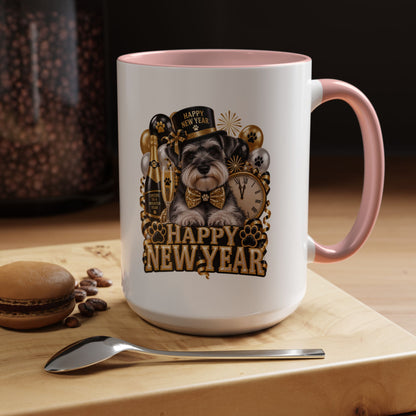 Happy New Year Dog Coffee Mug — Festive Black & Gold 11/15oz Accent Mug