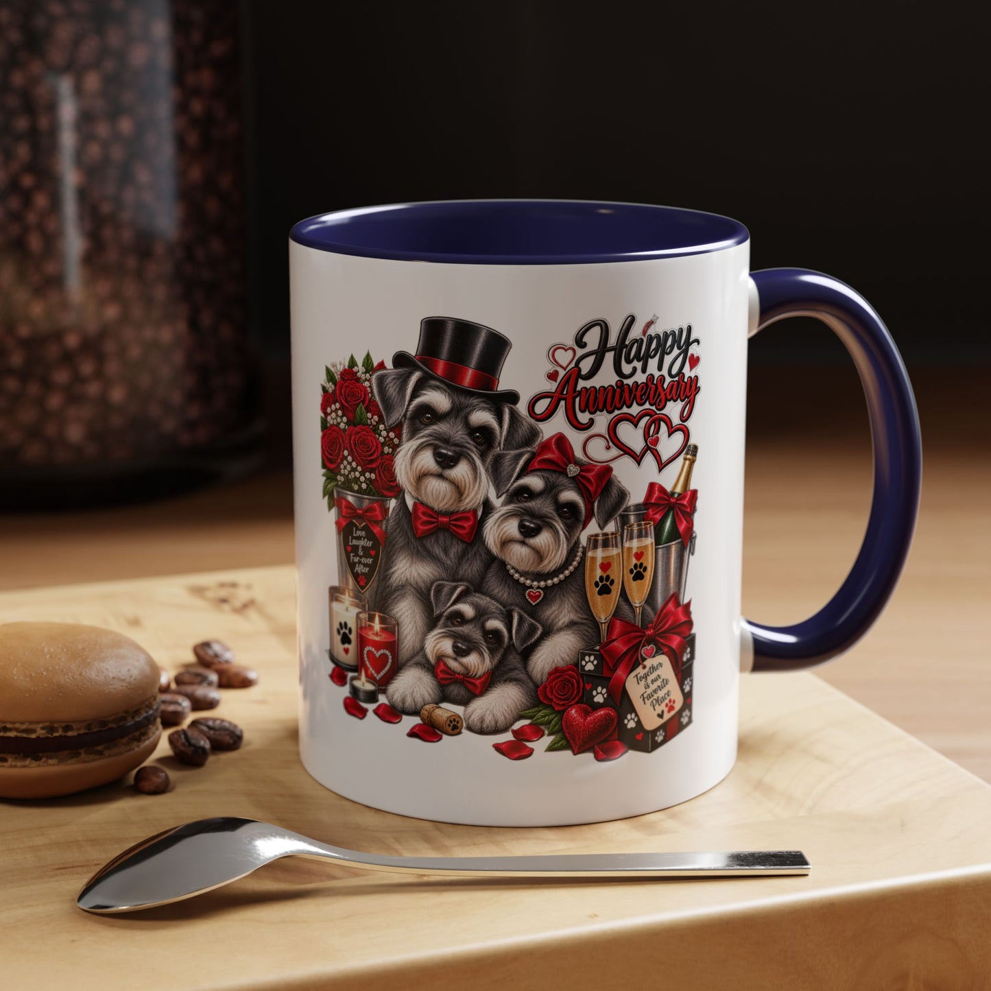Happy Anniversary Dog Coffee Mug — Cute Pups, Champagne & Roses Accent Mug