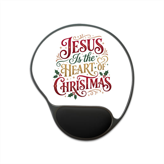 Christmas Mouse Pad with Wrist Rest — "Jesus Is the Heart of Christmas" Holiday Desk Mat