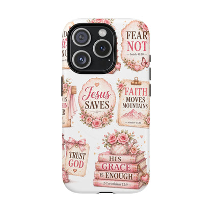Christian Faith iPhone Tough Magnetic Case — 'Jesus Saves' Floral Scripture Design (Fear Not, Faith Moves Mountains)
