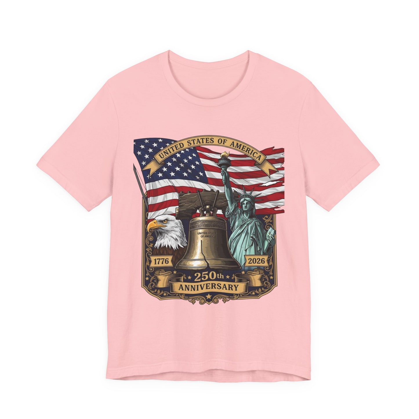 Patriotic 250th Anniversary T-Shirt - Liberty Bell, Bald Eagle & Statue of Liberty