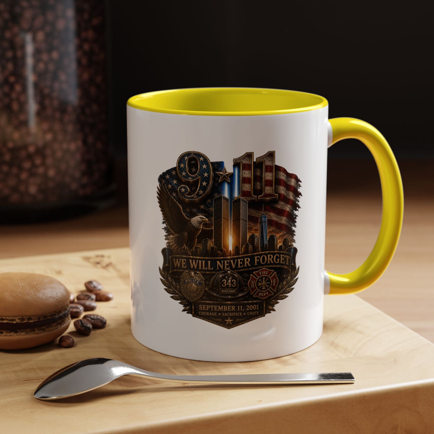 We Will Never Forget 9/11 Memorial Coffee Mug — Patriotic Tribute Accent Mug