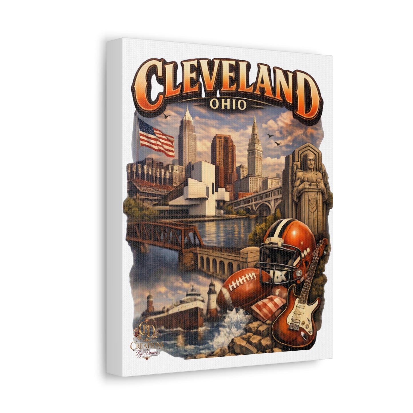 Cleveland Ohio Vintage Collage Stretched Canvas — Rock & Football City Skyline Wall Art