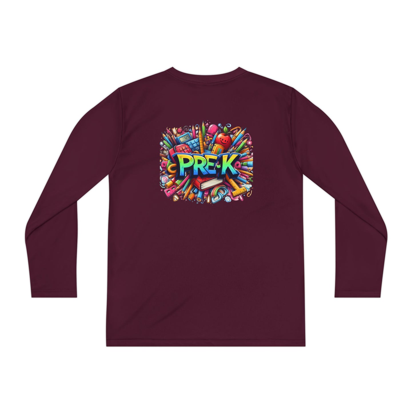 PRE-K Youth Long Sleeve Tee — Colorful School Supplies Design