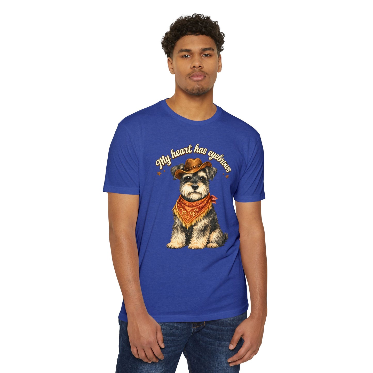 Schnauzer Cowboy T-Shirt — "My Heart Has Eyebrows" Cute Dog Graphic Tee