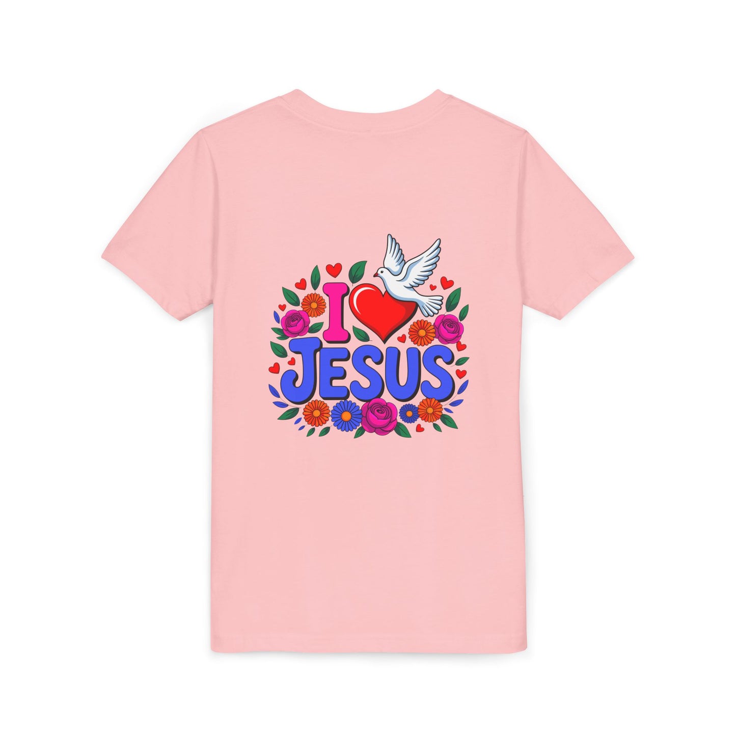 Youth Tee — "I  Jesus" Colorful Dove & Floral Christian Shirt