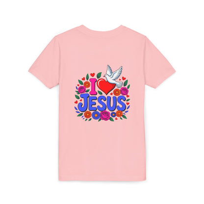 Youth Tee — "I  Jesus" Colorful Dove & Floral Christian Shirt