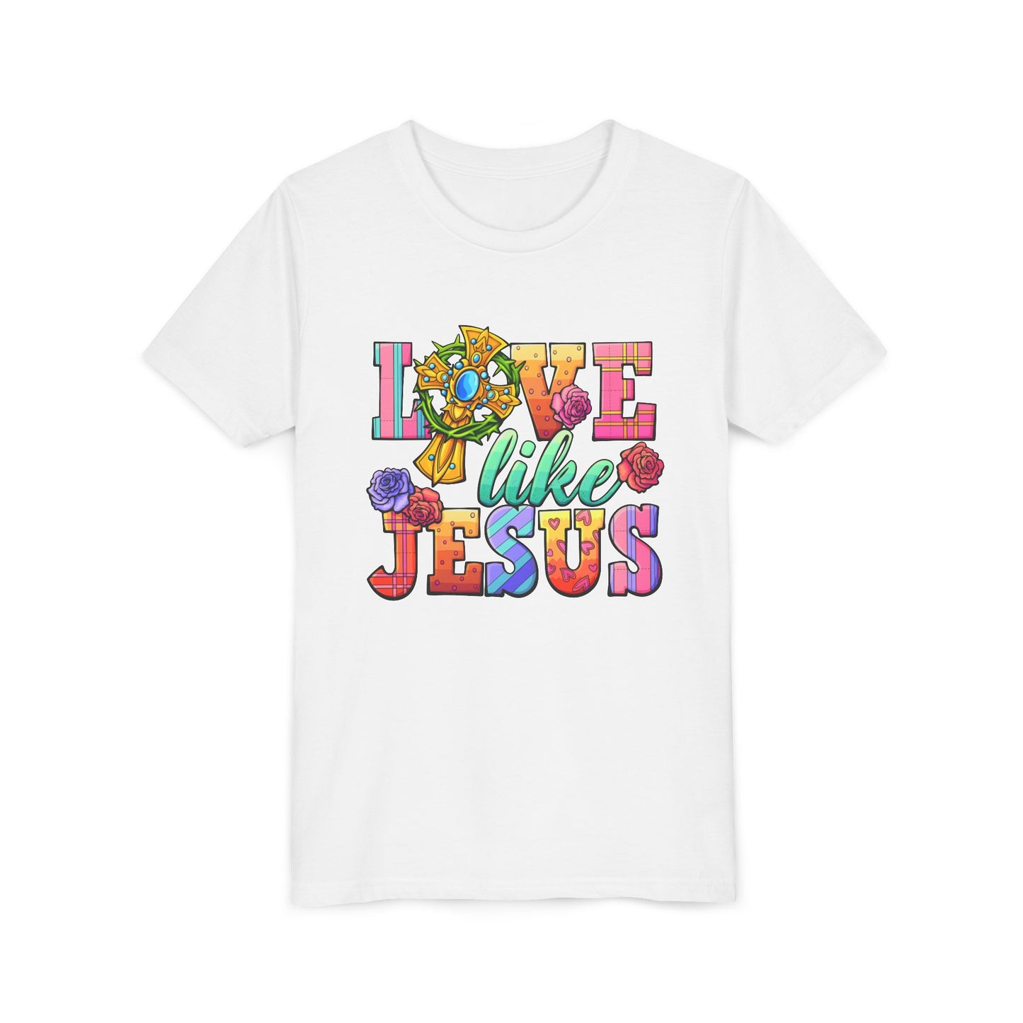 Youth Tee — "Love Like Jesus" Colorful Faith Graphic