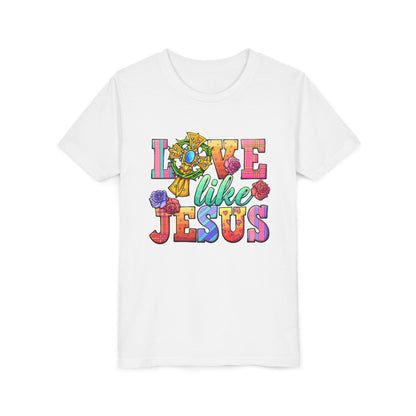 Youth Tee — "Love Like Jesus" Colorful Faith Graphic