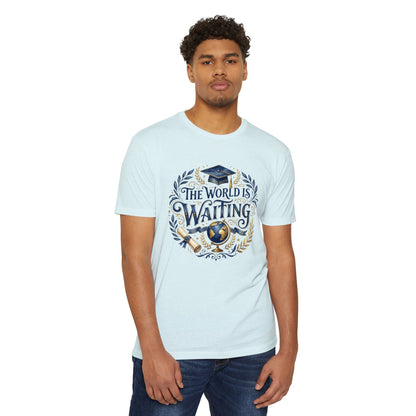 Graduation T-Shirt - "The World Is Waiting" Cap & Globe Design