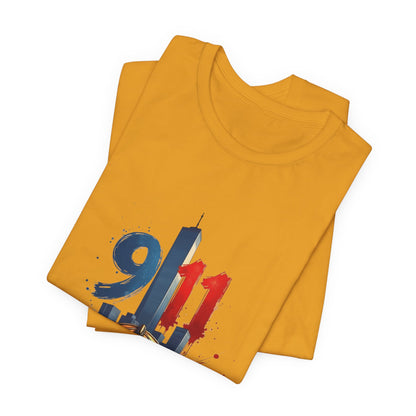 9/11 Firefighter Memorial Tee — Tribute T-Shirt with Helmet & Twin Towers Design