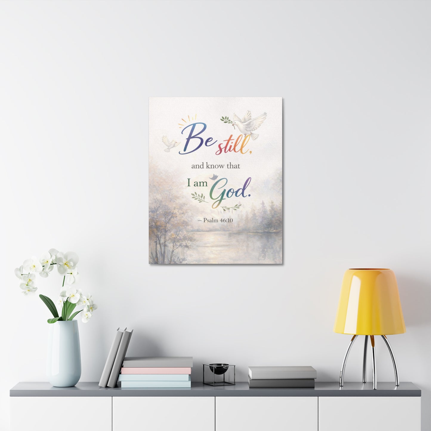 Be Still Psalm 46:10 Stretched Canvas Wall Art — Inspirational Christian Decor with Dove and Tranquil Landscape