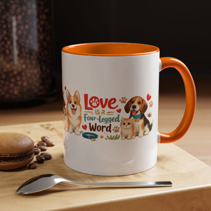 Dog Lover Accent Coffee Mug — “Love is a Four-Legged Word” Ceramic Gift