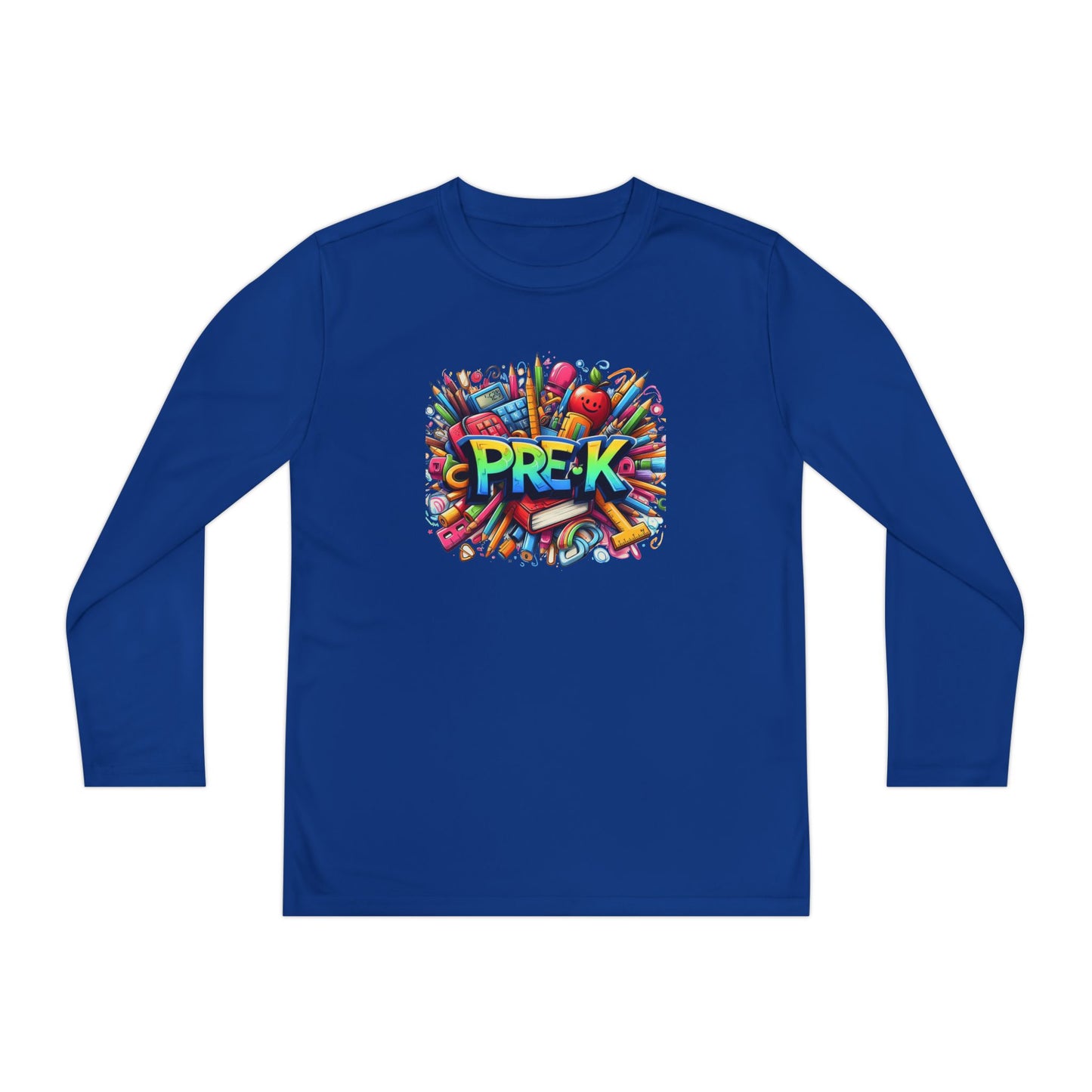 PRE-K Youth Long Sleeve Tee — Colorful School Supplies Design