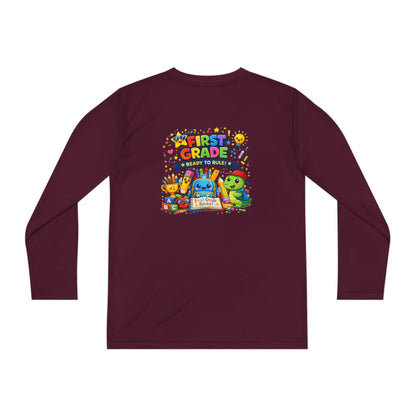 First Grade Ready Youth Long Sleeve Tee — "First Grade Here I Come" Back-to-School Shirt