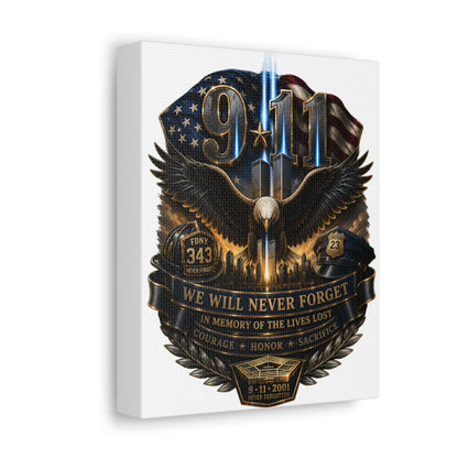 9/11 Memorial Stretched Canvas – We Will Never Forget Tribute Wall Art