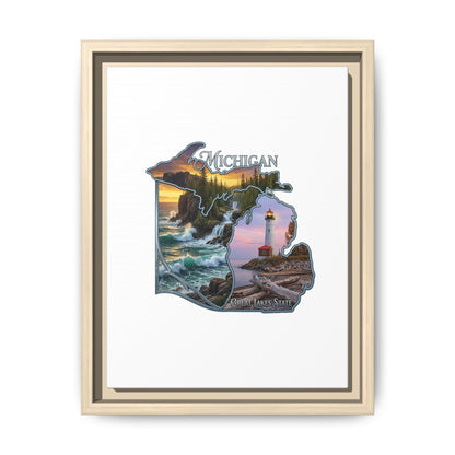 Michigan Framed Canvas Wall Art — Great Lakes State Lighthouse & Shoreline Print