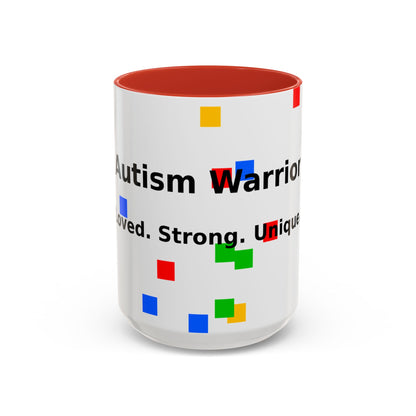 Autism Warrior Accent Coffee Mug – Bold Puzzle Pieces, Proud. Strong. Unique. (11/15oz)