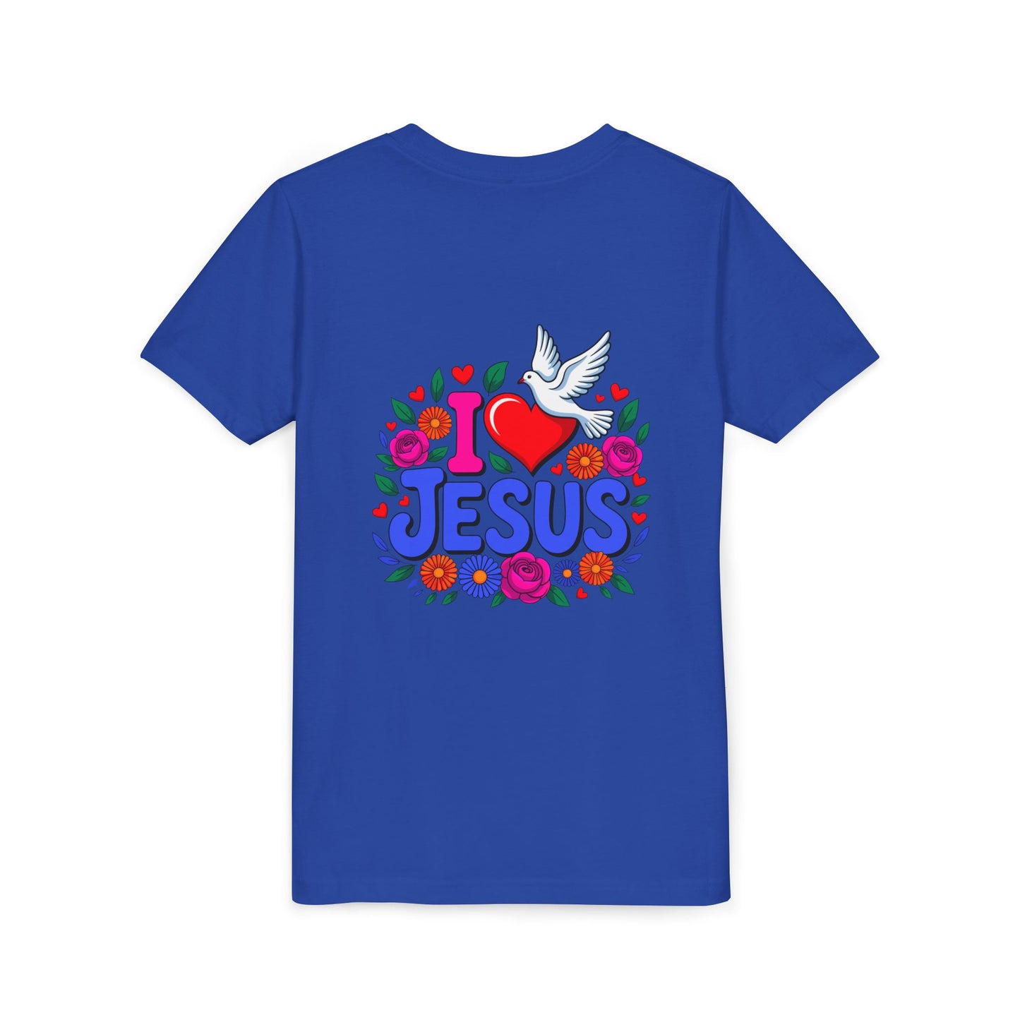 Youth Tee — "I  Jesus" Colorful Dove & Floral Christian Shirt