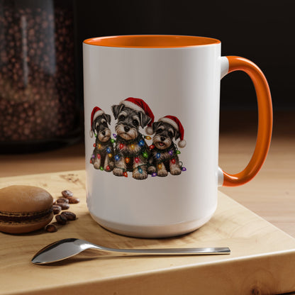 Christmas Puppy Coffee Mug — Cute Schnauzer Trio with Santa Hats & Holiday Lights (11/15oz)