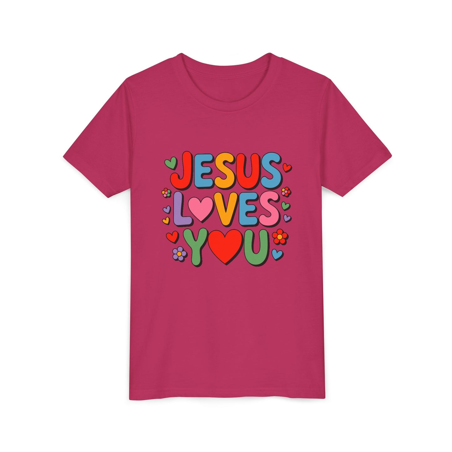 Youth Tee - "Jesus Loves You" Colorful Heart & Flower Christian Shirt