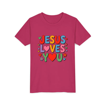 Youth Tee - "Jesus Loves You" Colorful Heart & Flower Christian Shirt