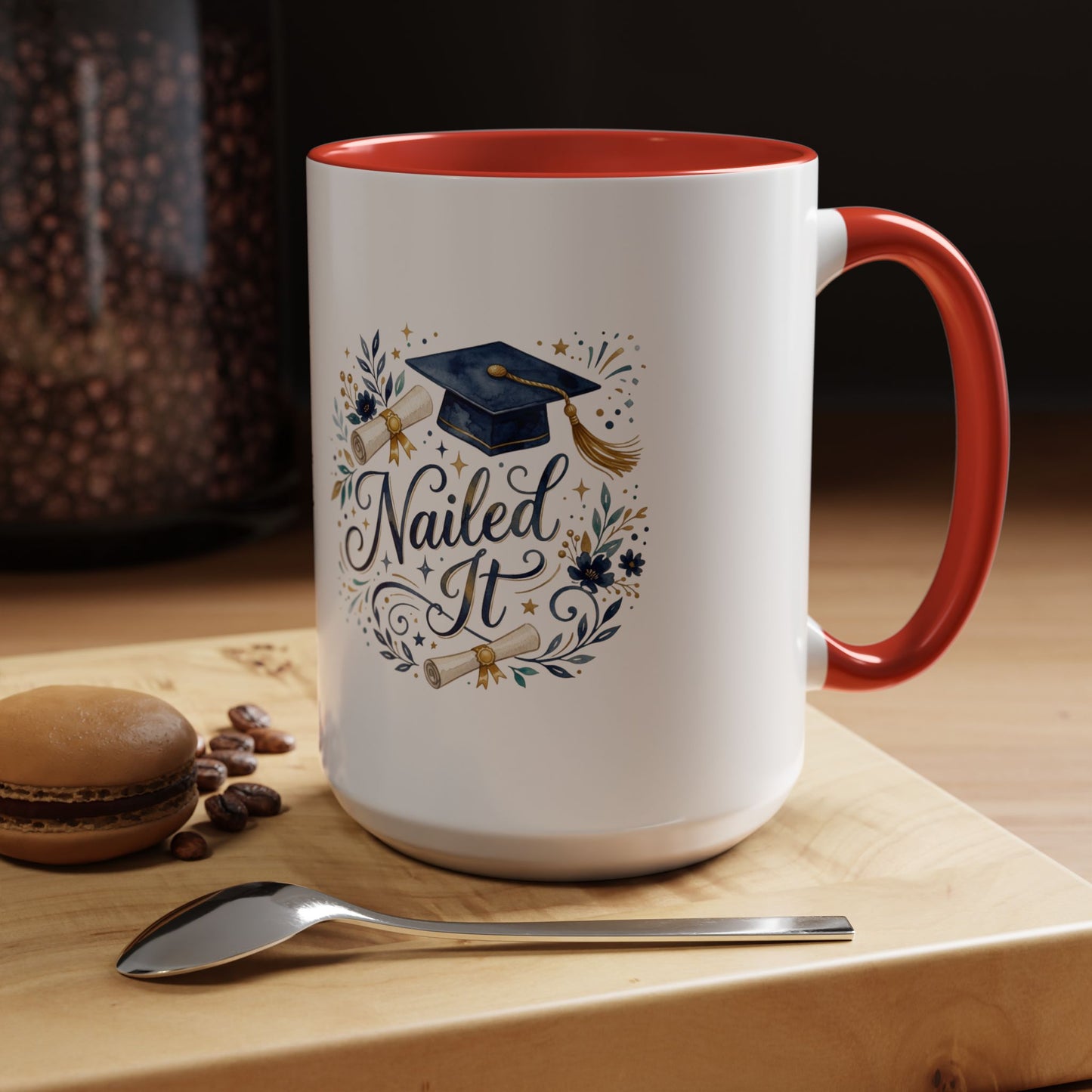 Nailed It Graduation Coffee Mug – Navy Cap & Floral 11/15oz Accent Mug