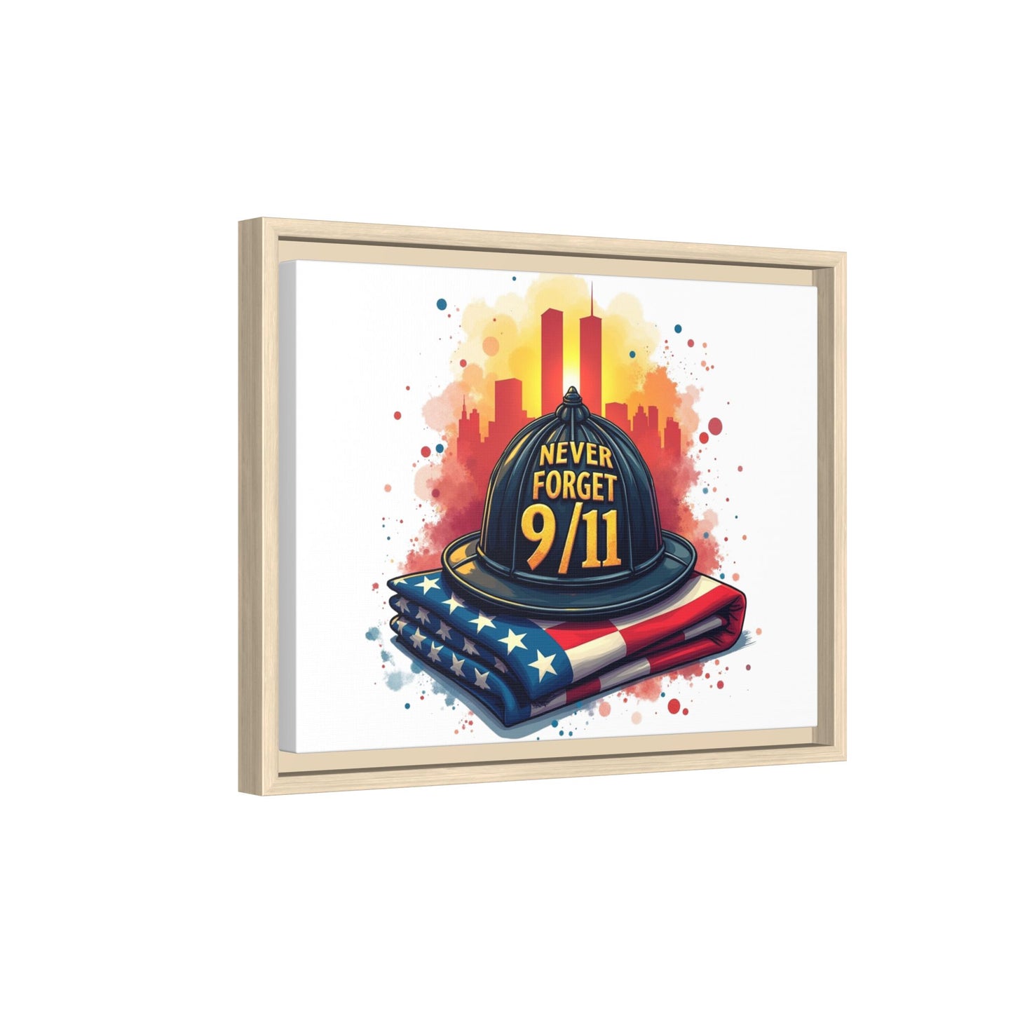 Never Forget 9/11 Framed Canvas Print — Firefighter Helmet & American Flag Memorial Art