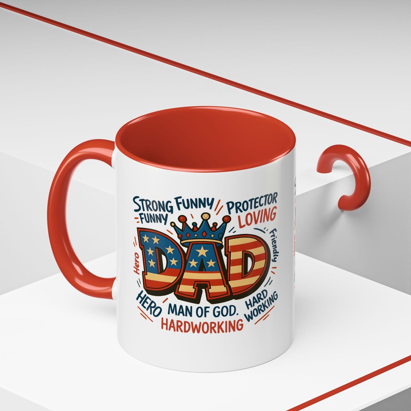 Dad Coffee Mug — Patriotic "DAD" Design with Loving, Hardworking, Protector Keywords (11/15oz Accent Mug)