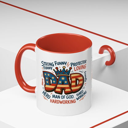 Dad Coffee Mug — Patriotic "DAD" Design with Loving, Hardworking, Protector Keywords (11/15oz Accent Mug)