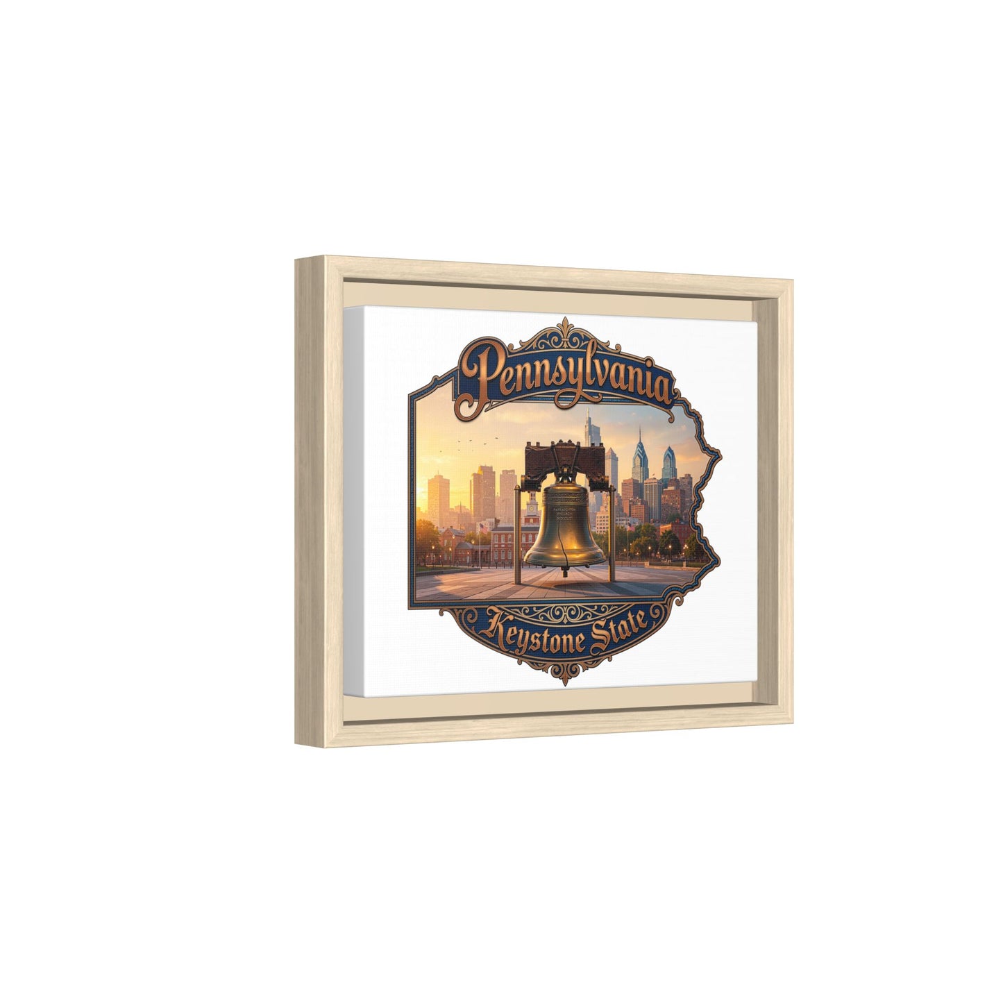 Pennsylvania Keystone State Framed Canvas Wall Art — Liberty Bell & Philadelphia Skyline