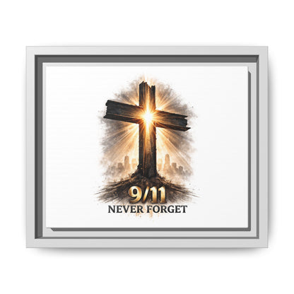 9/11 Never Forget Framed Canvas Wall Art — Memorial Cross Tribute