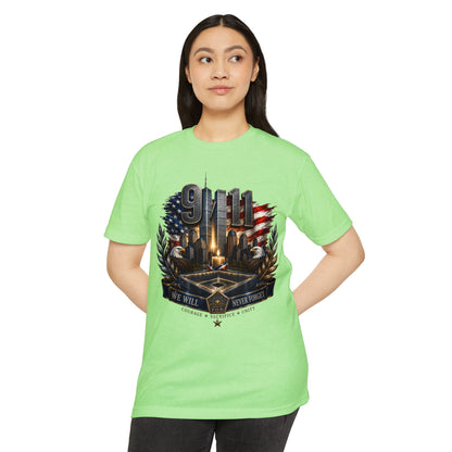 9/11 Never Forget Memorial T-Shirt — Tribute American Flag Skyline Tee
