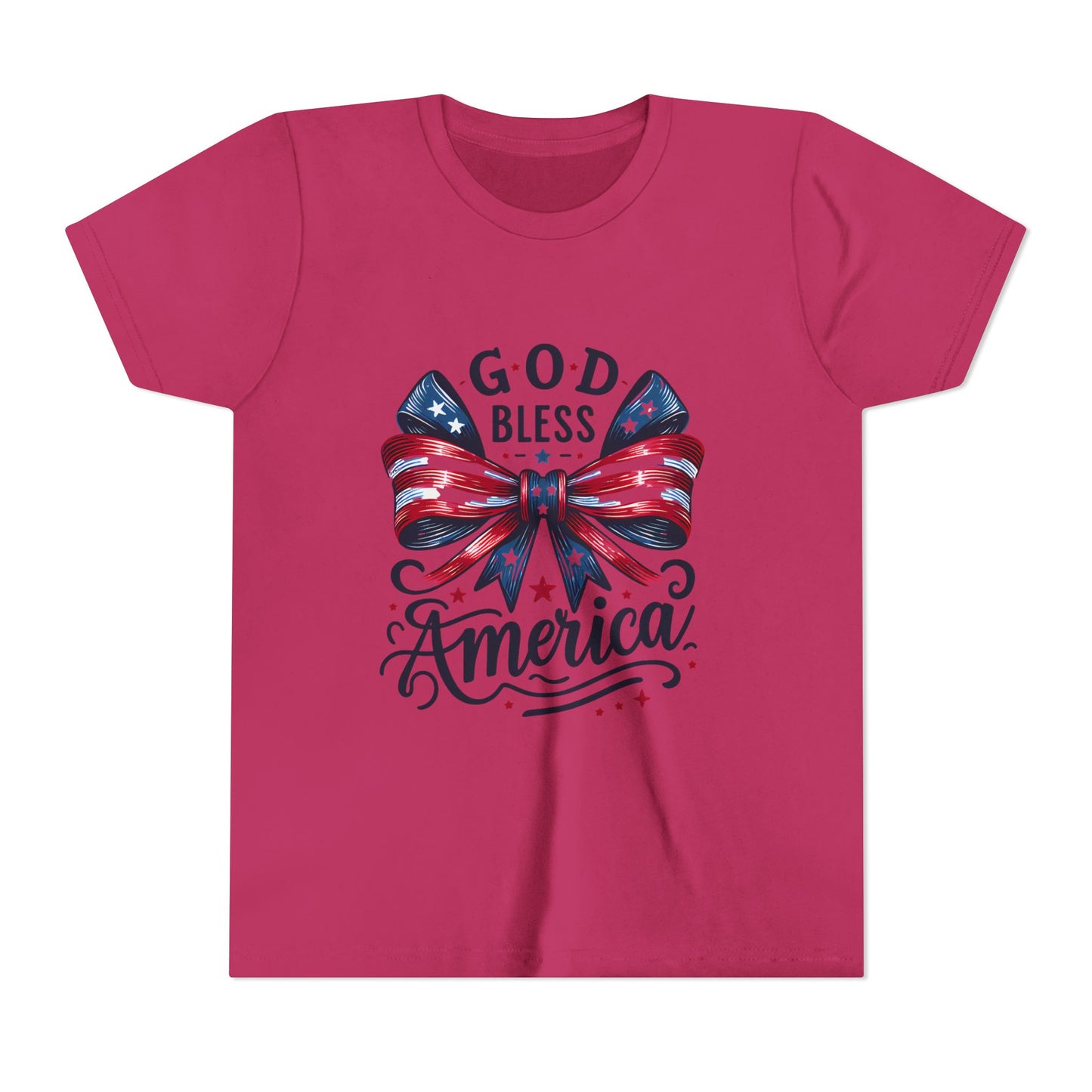 Youth Tee — "God Bless America" Patriotic Bow T-Shirt (4th of July, Memorial Day)