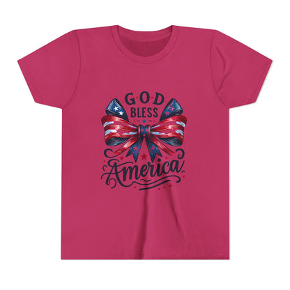 Youth Tee — "God Bless America" Patriotic Bow T-Shirt (4th of July, Memorial Day)