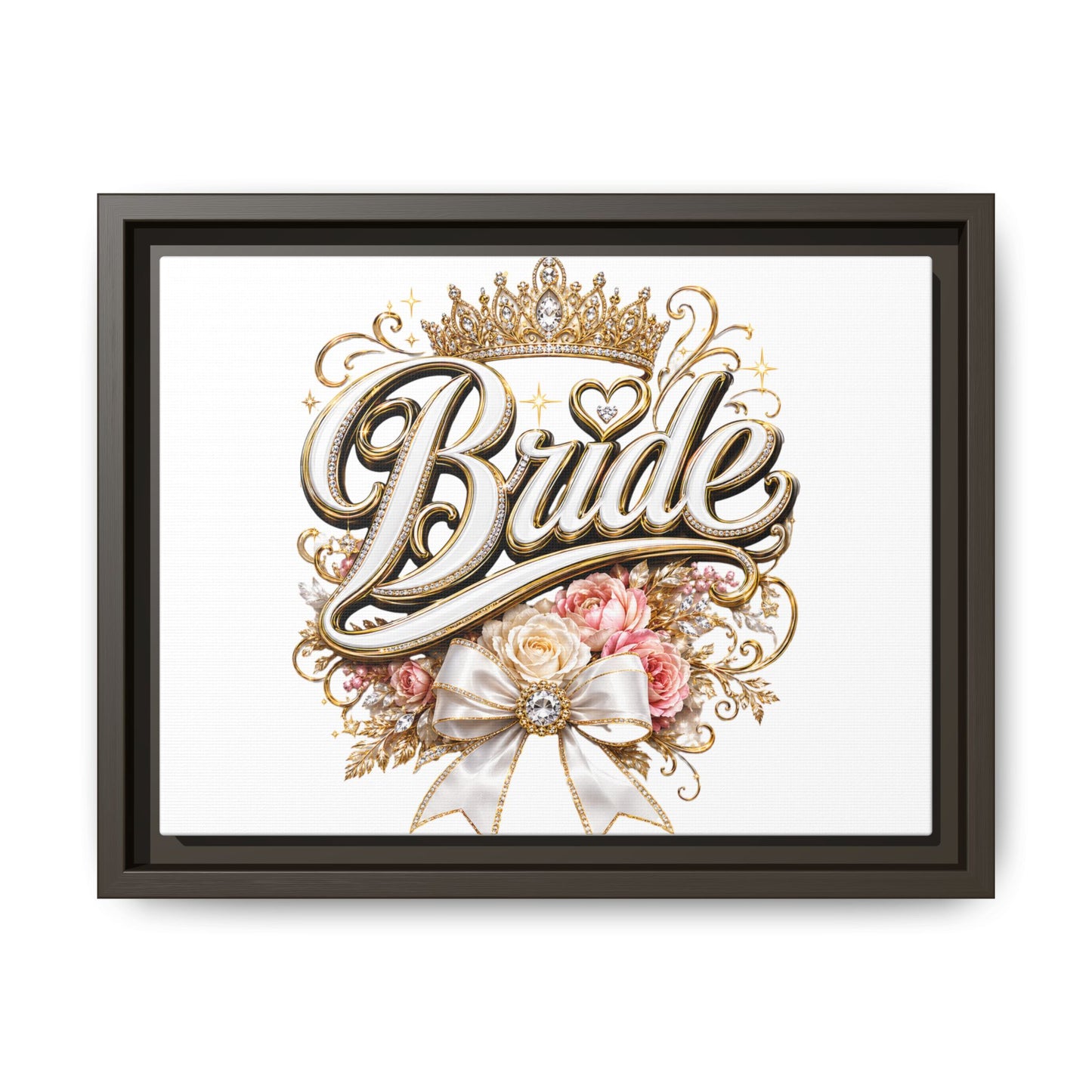 Framed Bride Canvas Wall Art — Elegant Bridal Crown & Floral Wedding Decor