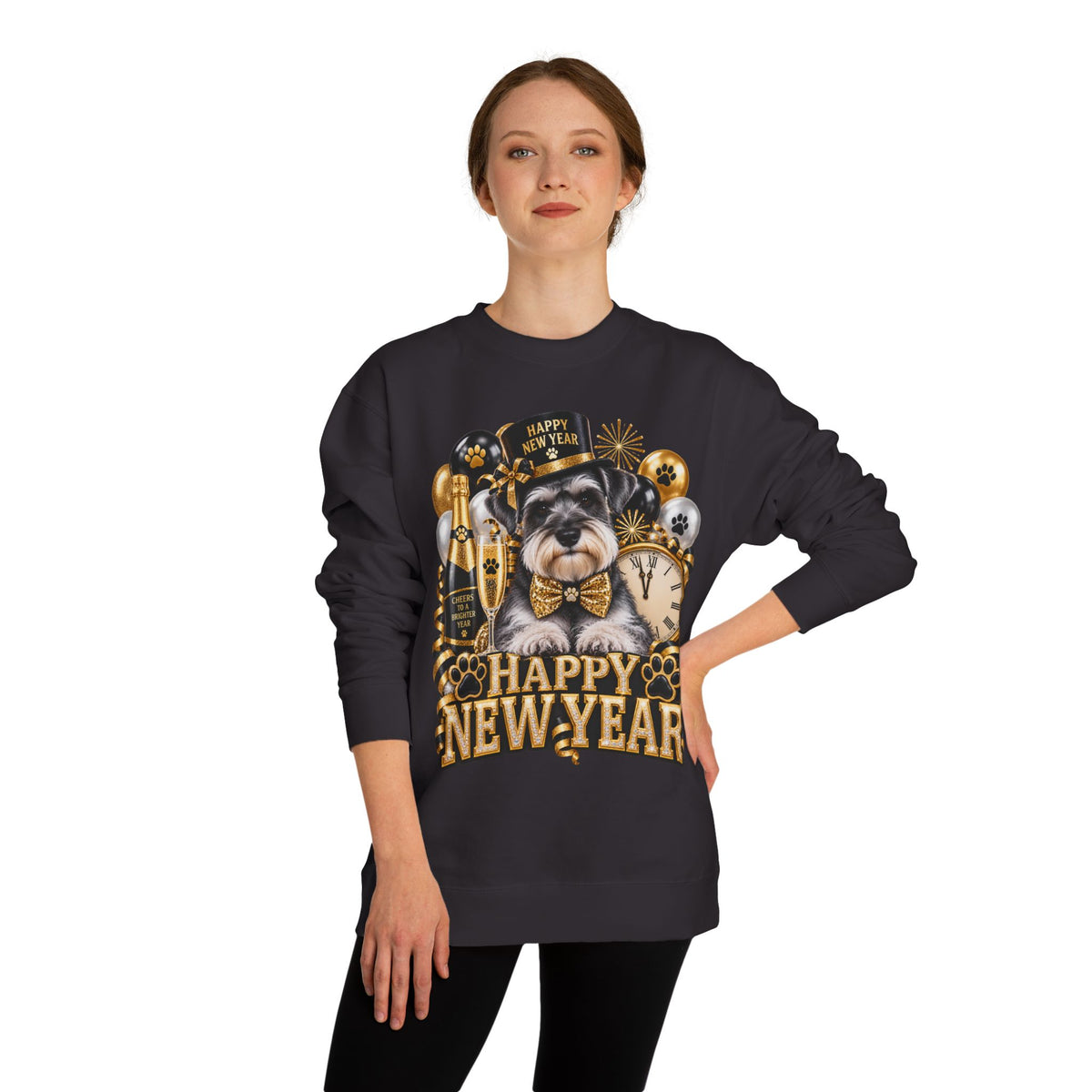 Happy New Year Dog Sweatshirt — Festive Paw Print NYE Crewneck