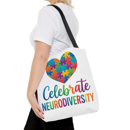 Celebrate Neurodiversity Tote Bag – Rainbow Puzzle Heart Awareness Tote