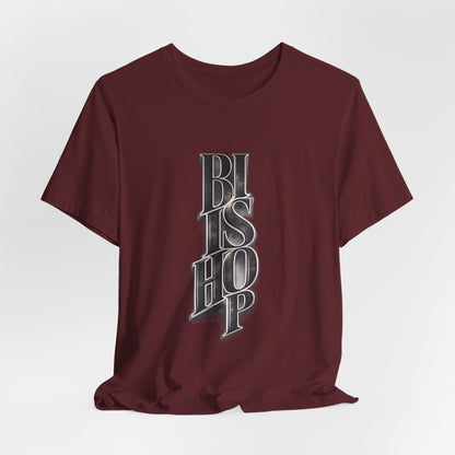 Bishop Vertical Script Tee — Vintage Gothic Lettering T-Shirt
